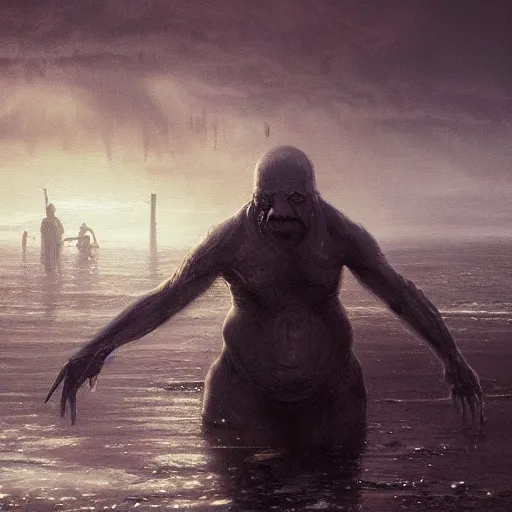 Image similar to shadow over innsmouth, people walking out of the water, painted by seb mckinnon, high detail, dramatic light, digital art, painted by greg rutkowski, promotional movie posterart, trending on artstation