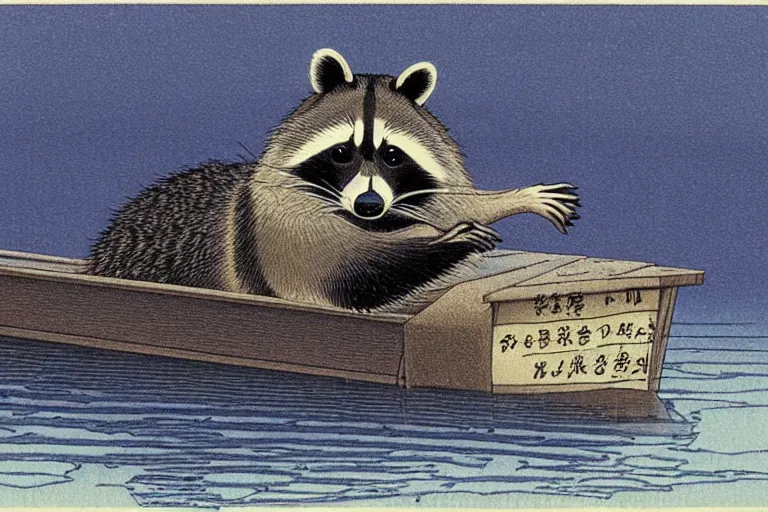 Image similar to raccoon floats on a boat in a storm, Hasui Kawase, dramatic,