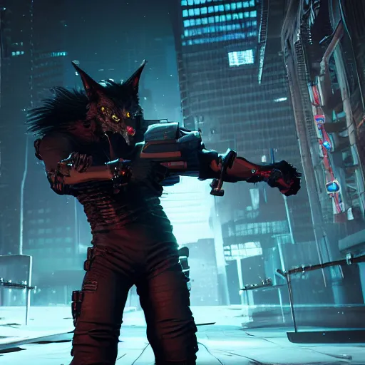 Prompt: cyberpunk werewolf holding a katana and jump on ng into action, action scene screenshot, unreal engine