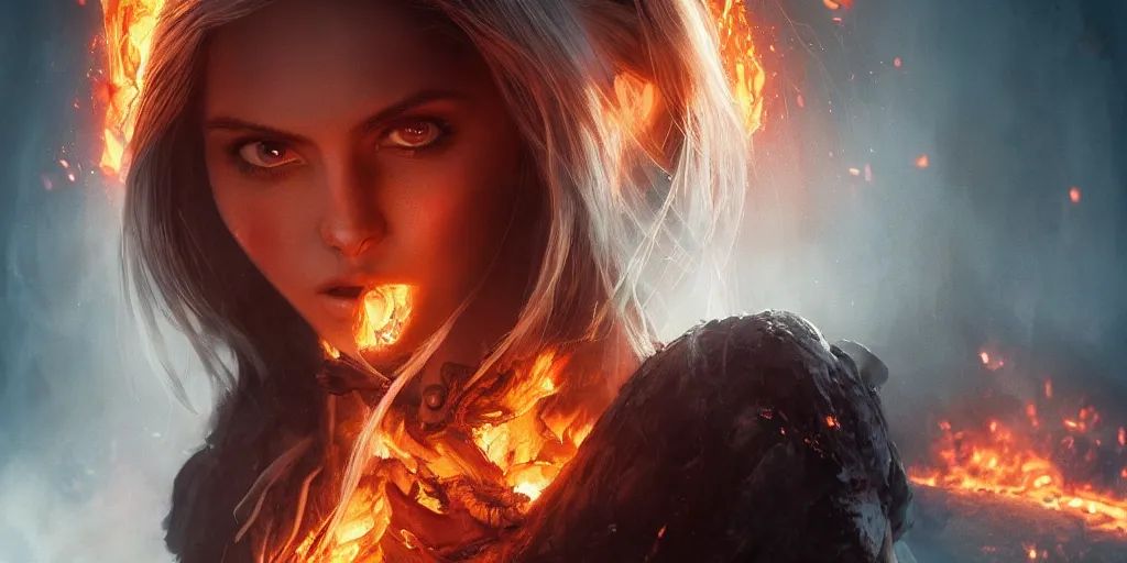 Image similar to evil pretty blond girl demon spawn surrounded by fire tornadoes, flawless symmetrical pretty cute face, ana de armas, hetrochromia, greg rutkowski, 8 k, shallow depth of field, intricate detail, concept art,