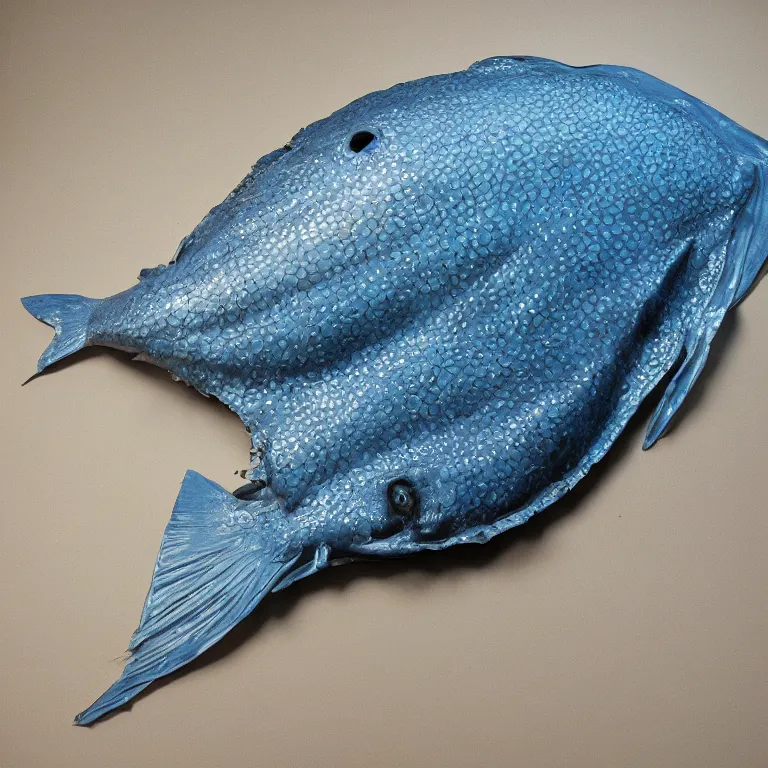 Image similar to hyperrealistic sculpture of a bronze fossilized flounder halibut in a large mesh bag made of blue silicone and latex on a pedestal by ron mueck and duane hanson and lee bontecou, hyperrealistic dramatic colored lighting trending on artstation 8 k