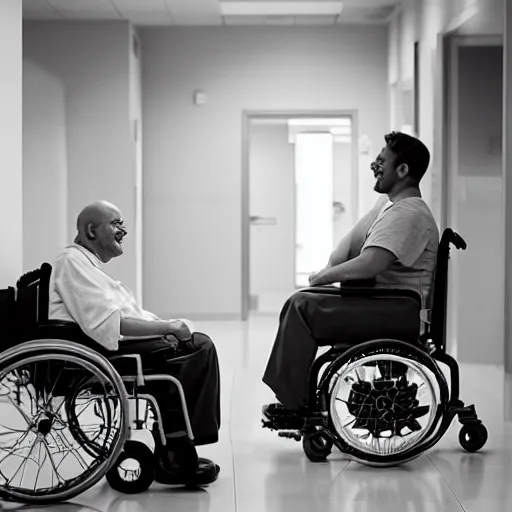 Prompt: a male patient in a wheelchair in the hospital with his wife and son standing by. happy, cheerful, smiling, intricate, sharp focus, cinematic lighting, 8 k, art by emiliya lane, margaret dyer