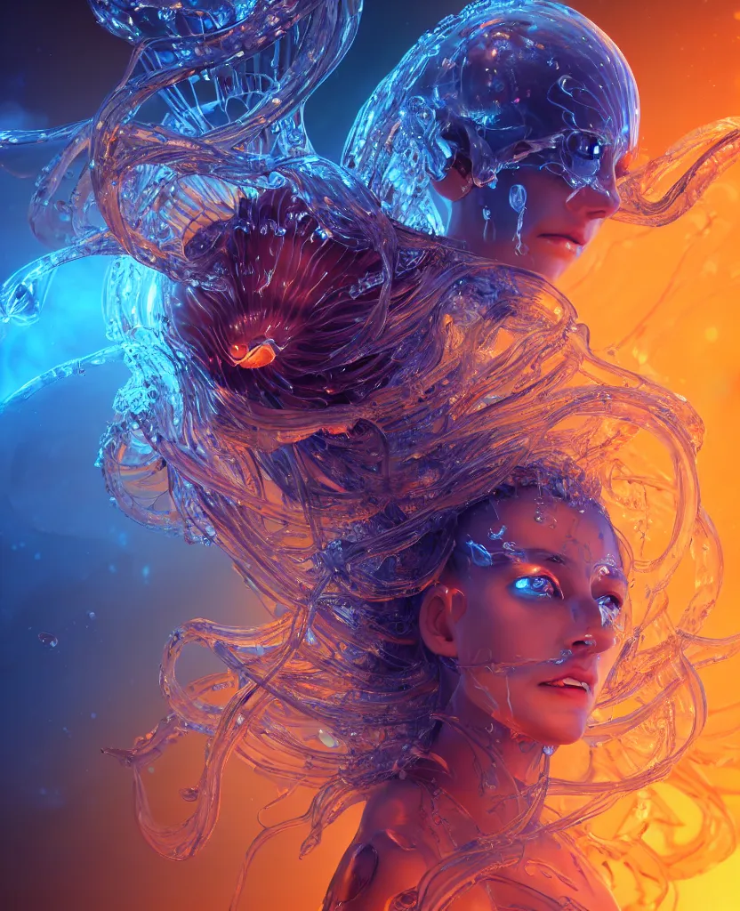 Image similar to close-up macro portrait of the face of a beautiful princess, epic angle and pose, symmetrical artwork, 3d with depth of field, blurred background, cybernetic jellyfish female face skull phoenix bird, translucent, nautilus, energy flows of water and fire. a highly detailed epic cinematic concept art CG render. made in Maya, Blender and Photoshop, octane render, excellent composition, cinematic dystopian brutalist atmosphere, dynamic dramatic cinematic lighting, aesthetic, very inspirational, arthouse. y Greg Rutkowski, Ilya Kuvshinov, WLOP, Stanley Artgerm Lau, Ruan Jia and Fenghua Zhong