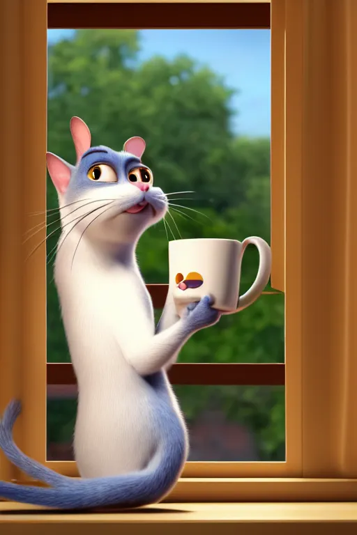 Image similar to happy cat holding one cup of coffee at house window. Pixar Disney 4K 3d render funny animation movie Oscar winning trending on ArtStation and Behance. Ratatouille style.