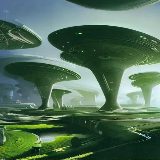 Image similar to beautiful matte painting of green gardens with roads on a futuristic sci-fi space station, cinematic angle, cinematic lighting, blue sky, by Syd Mead, John Harris, Federico Pelat