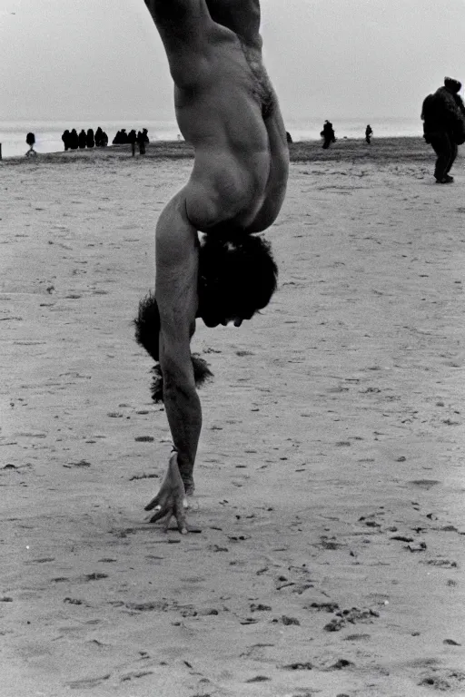 Prompt: paulie shore doing a handstand on the beaches of normandy on d - day