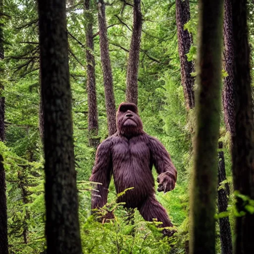 Prompt: Bigfoot peeking out from hiding behind trees in the forest