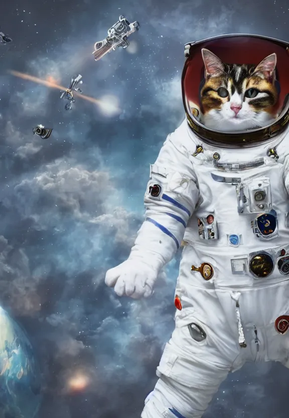 Prompt: portrait of a! calico! cat wearing a cosmonaut suit, tokyo street background, concept art, by viktor vasnetsov, cinematic lighting, cinematic mood, very detailed, 8 k, high resolution,