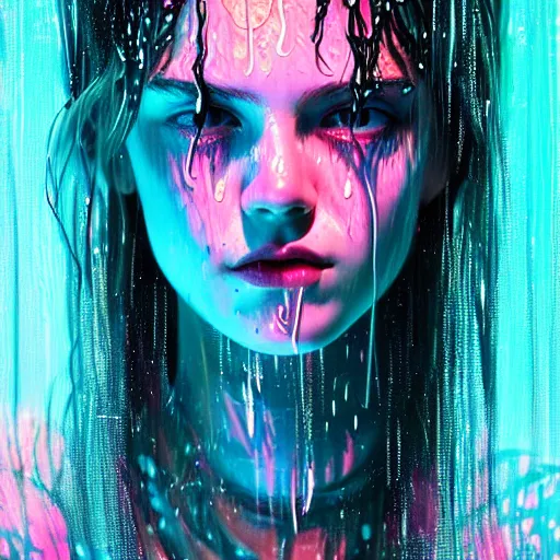Image similar to portrait of a girl in the glowing neon rain with wet hair and face, fantasy, intricate, elegant, dramatic lighting, emotionally evoking symbolic metaphor, highly detailed, lifelike, photorealistic, digital painting, artstation, concept art, smooth, sharp focus, illustration, art by John Collier and Albert Aublet and Krenz Cushart and Artem Demura and Alphonse Mucha