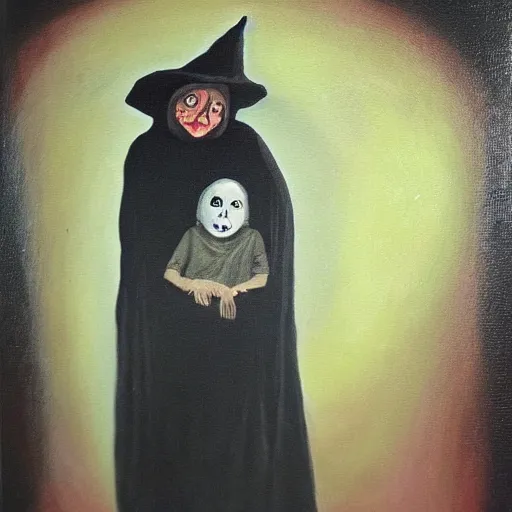 Image similar to creepy old cursed witch watching you sleep, eerie, haunted, oil painting