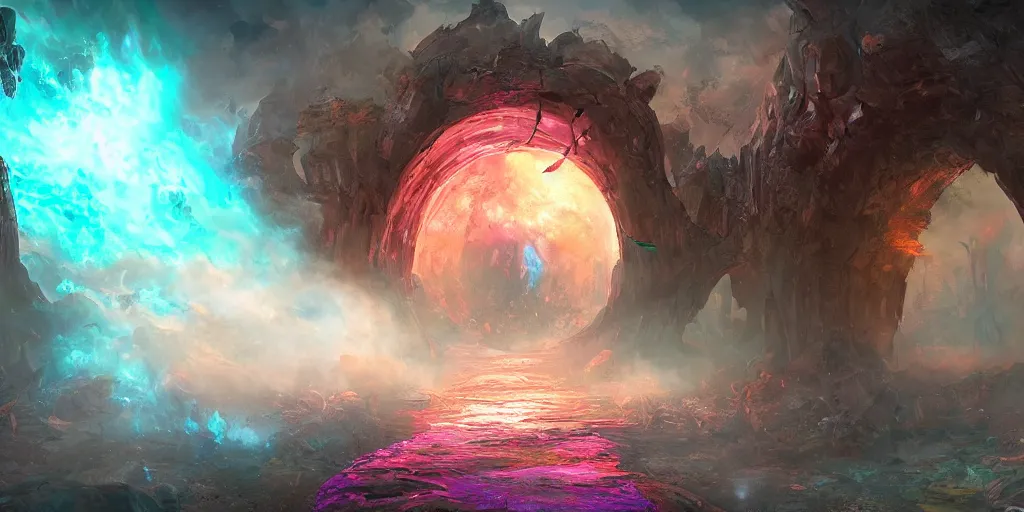 Image similar to colorful portal to another realm, apocalyptic fantasy, mmo, digital art, 4 k