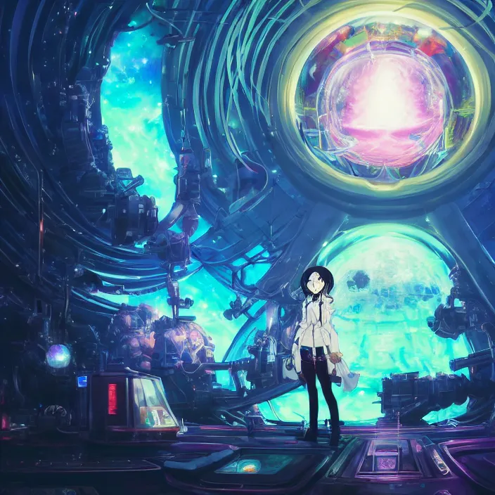 Image similar to Albedo from overlord, mamimi samejima, psychedelic background, epcot, inside a space station, eye of providence, female anime character, Lain, uwu, uwu, Luminism, Tomas Sanchez, surrealism, Simon Stålenhag, Ruan Jia, uwu Hi-Fructose, Artstation, HD, HDR, High Resolution, technological rings, giygas