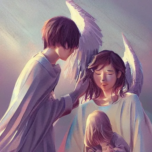 Image similar to angels protecting a praying man, by JeeHyung lee, Trending on artstation, deviantart