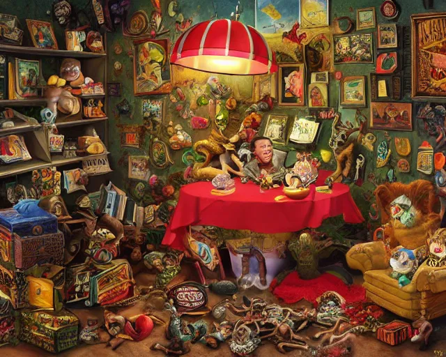 Prompt: robert williams todd schorr mark ryden highly detailed 3 - d environment octane render