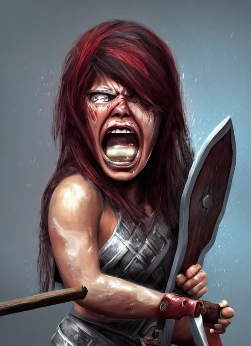 Image similar to woman warrior crying with angry striking her axe, trending on artstation