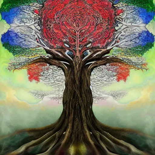 Prompt: a painting of a tree with many branches, digital art by Takashi Murakami, reddit contest winner, nuclear art, fractalism, cosmic horror, academic art