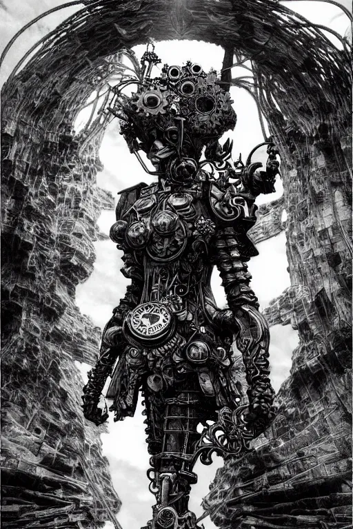 Prompt: a vertical portrait of a character in a scenic environment by yoshitaka amano and nihei tsutomu, black and white, dreamy, steampunk armor, highly detailed