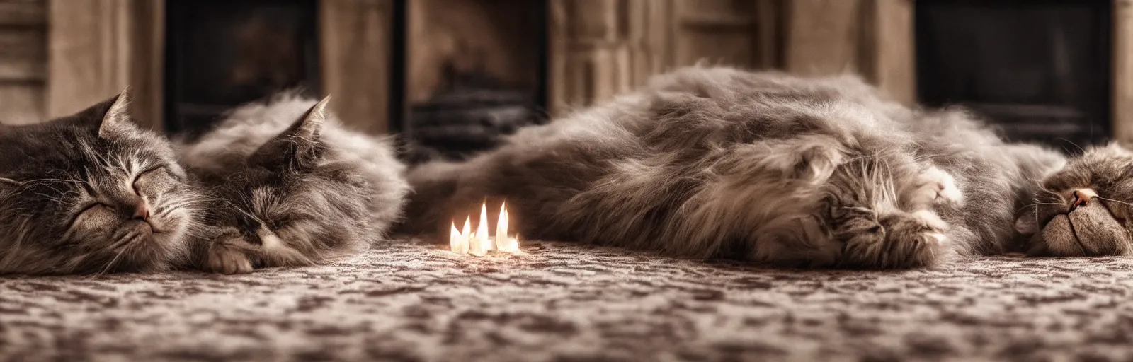 Image similar to a beautiful hairy cat sleeping next to a skull on an old carpet next to a fireplace, 4K, photorealistic, cinematic, moody fireplace lighting, UHD, HDR