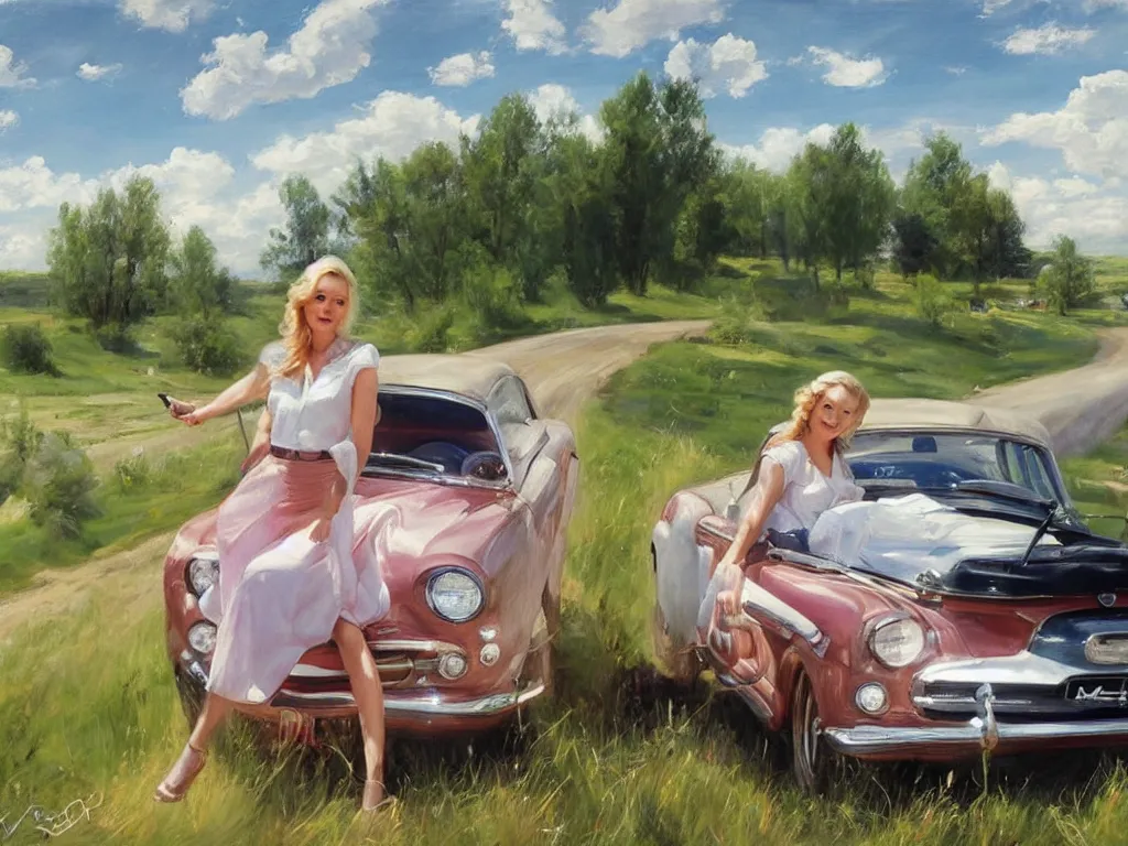 Image similar to 1950 blonde driving à mustang on a country road, Swedish countryside, painting by Vladimir Volegov, masterpiece