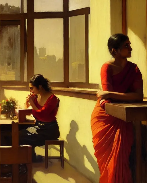 Image similar to a guy and girl on a date in a restaurant, saree, desi, art by greg rutkowski, gustave courbet, rosa bonheur, edward hopper. faithfully depicted facial expression, perfect anatomy, sharp focus, global illumination, radiant light, detailed and intricate environment, trending on artstation