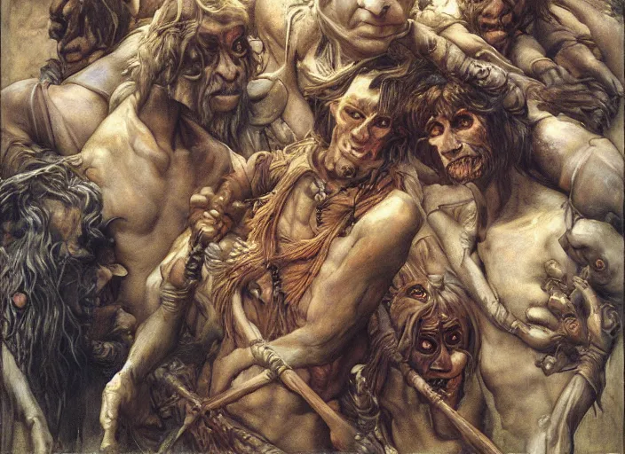 Image similar to jim henson's labyrinth. five goblins. by edgar maxence and caravaggio and michael whelan and delacroix style, artistic