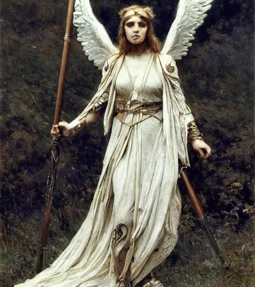 Prompt: epic presentation of a valkyrie, detailed armor with white scarf, beautiful opened wings, character design, gorgeous, epic, dramatic lighting, ocult, hero, authority, digital art, classicism style, ultra detailed, octane by jules bastien - lepage, sophie anderson jean - joseph benjamin - constant