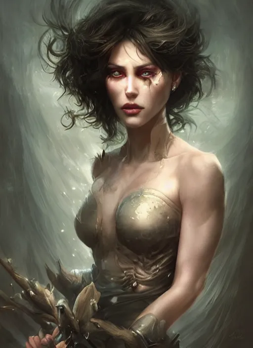Prompt: a beautiful woman with face spikes, painted by artgerm and tom bagshaw, fantasy art, dramatic lighting, highly detailed oil painting