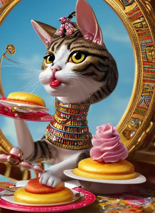 Image similar to highly detailed closeup, portrait of a tin toy egyptian cat goddess eating cakes, unreal engine, nicoletta ceccoli, mark ryden, earl norem, lostfish, global illumination, detailed and intricate environment