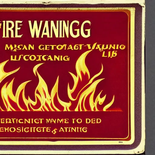 Prompt: vintage fire flame warning label