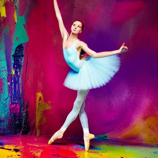 Prompt: young beautiful white female model in ballet pose fully splashed in colorful beautiful bright paint, big drips of paint, clothes made of paint splashes. studio lighting, editorial fashion photography, from vogue magazine
