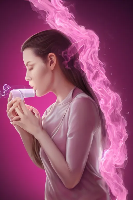 Prompt: Woman Breathing Through a Pink Vapor Inhaler, side view, fantasy, magic, ultra detailed, digital art, trending on artstation, illustration