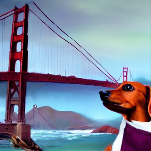 Prompt: “ a wiener dog in front of the Golden Gate Bridge by Raymond Swanland”