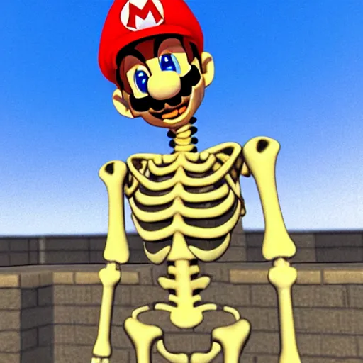 Image similar to A skeleton in the game Super Mario 64, hyperrealistic