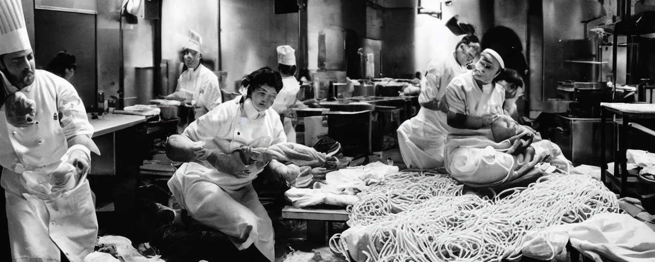 Image similar to a woman giving birth on a pile of spaghetti, chefs in the background, canon 5 0 mm, cinematic lighting, photography, retro, film, kodachrome