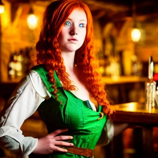 Image similar to beautiful bar maid with auburn hair and green eyes, in a medieval tavern at night, cinematic, filmic