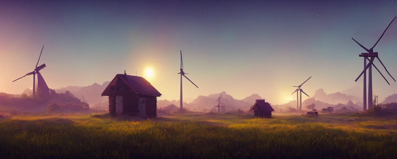 Image similar to landscape with windmills in the distance and a small cabin, dreamlike, vaporwave aesthetic, neon, 8 k uhd, unreal engine, octane render in the artstyle of finnian macmanus, john park and greg rutkowski