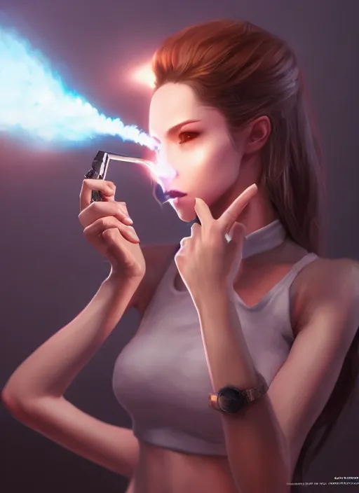 Prompt: smoking gun, art by artgerm, wlop, loish, hyperdetailed, 8 k realistic, symmetrical, global illumination, radiant light, frostbite 3 engine, cryengine, dof, trending on artstation, digital art, detailed background