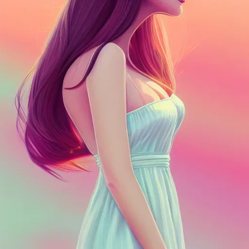 Image similar to happy adult female in sundress, summer dress, pastel light pink very long hair, muted colors, matte print, pastel colors, 2d, ultra highly detailed, digital art, digital painting, fan art, elegant, artstation, head is centered, by Ilya Kuvshinov