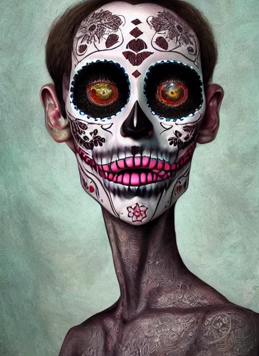 Image similar to dia de los muertos theme surrealist art in the styles of igor morski, jim warren, and saner, intricate, hyperrealistic, accurate facial details, profile picture with chromakey!!!!! background, volumetric lighting