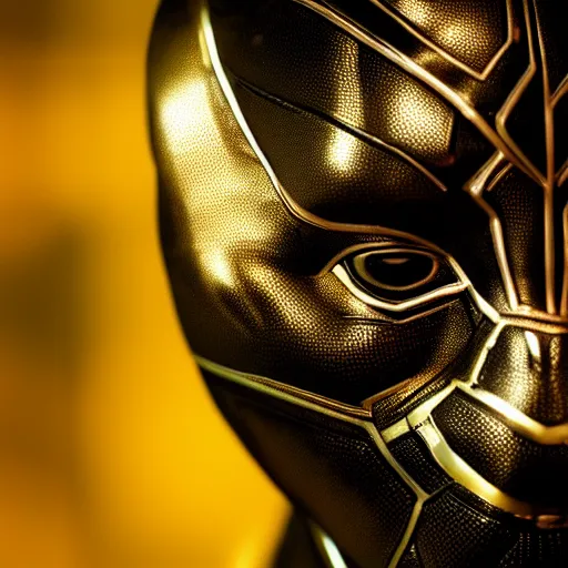 Image similar to a close up photo of a detailed golden statue of Black Panther, 8K,