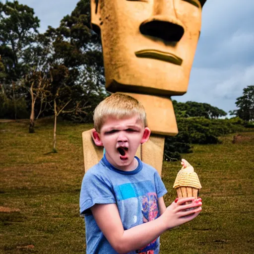 Image similar to a very disgusted and crying kid holding and looking an ice cream cone with a small moai statue in the cone, 4 k photograph