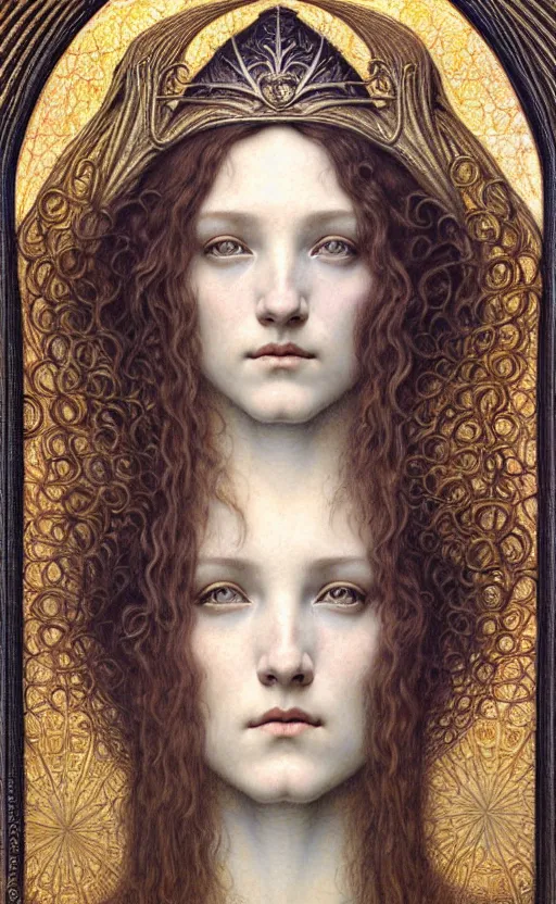 Image similar to detailed realistic beautiful young medieval queen face portrait by jean delville, gustave dore and marco mazzoni, art nouveau, symbolist, visionary, gothic, pre - raphaelite. horizontal symmetry