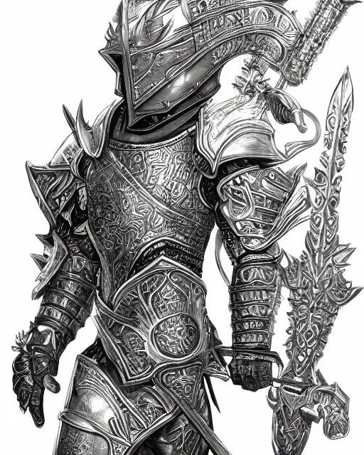 Image similar to fantasy warrior in full armor, silver with gold trim, line art, extremely clean, trending on artstation,