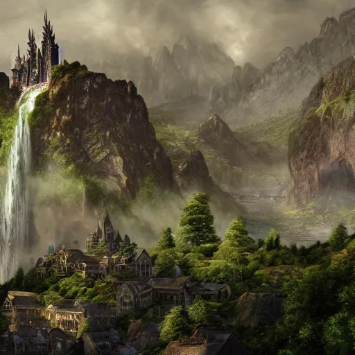 Prompt: a monumental elvish city, full of little houses and towers, behind a river and surrounded by black mountains, from where a waterfall falls to a series of canals scatterd throughout the city. up in the montains, a gigantic statue of a warrior protecting the city. lord of the rings movie still, featured on artstation,