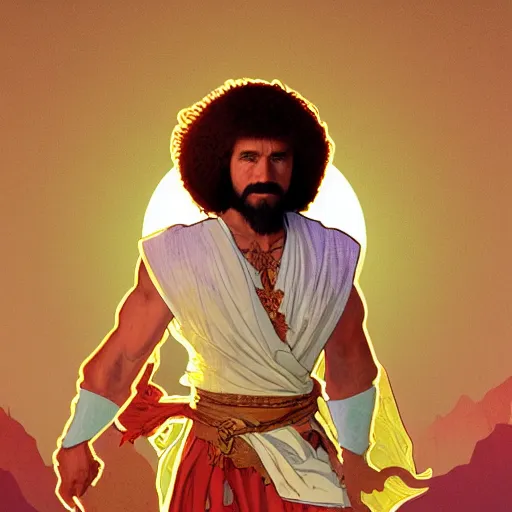 Image similar to an ultra detailed vector image of bob ross dressed as the prince of persia, concept art by alphonse mucha and greg rutkowski, bright red desert sands, bright yellow and red sun, octane render, praise the sun