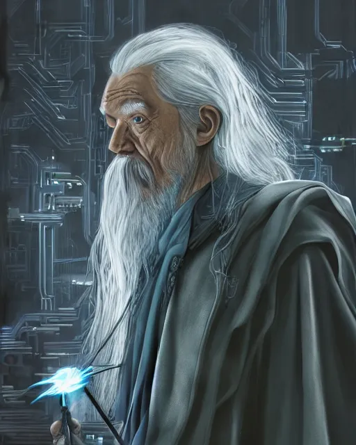 Image similar to gandalf with cybernetic enhancements, androidscifi character portrait by 1 / 4 headshot, cinematic lighting, dystopian scifi gear, gloomy, profile picture, mechanical, half robot, implants, steampunk