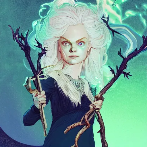 Image similar to a white - haired witch holding a gnarled staff, elle fanning, wisdom of the ages, glowing iridescent accents, digital apex legends illustration portrait, gorgeous lighting, wide angle action dynamic portrait, art by josan gonzalez, bright colors, green and gold palette, high contrast