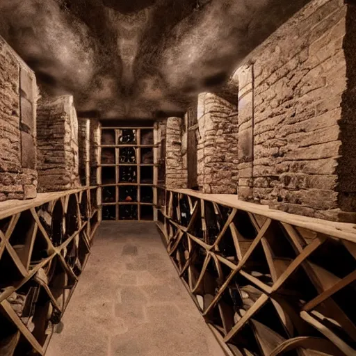 Prompt: an ancient wine cellar with six mona lisas hanging on the wall, still from a movie