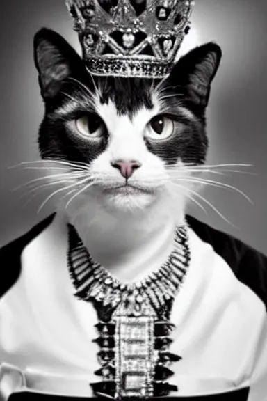 Prompt: a photo taken from a distance of a black and white cat dressed up as queen elizabeth