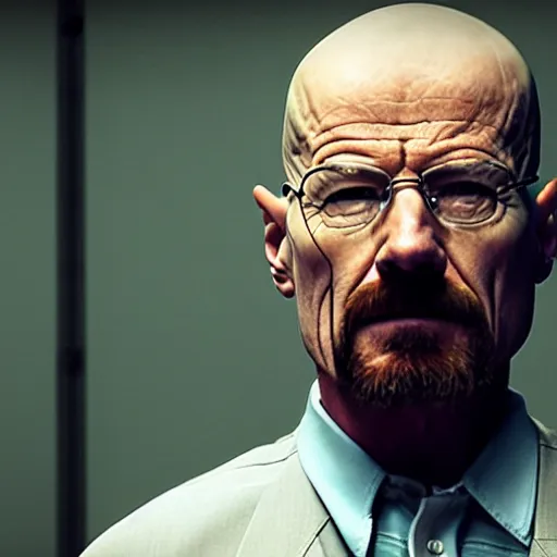 Image similar to walter white wears oxygen mask on face. he sits in a wheelchair in a courtroom. cinematic lighting